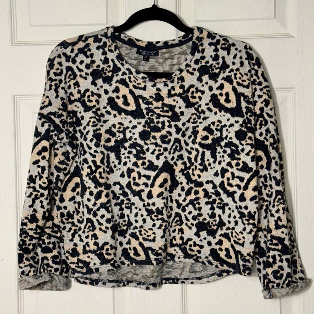 Topshop Black Cream Animal Print Leopard Sweater Rolled Cuff 04W27GNAT Sz 6